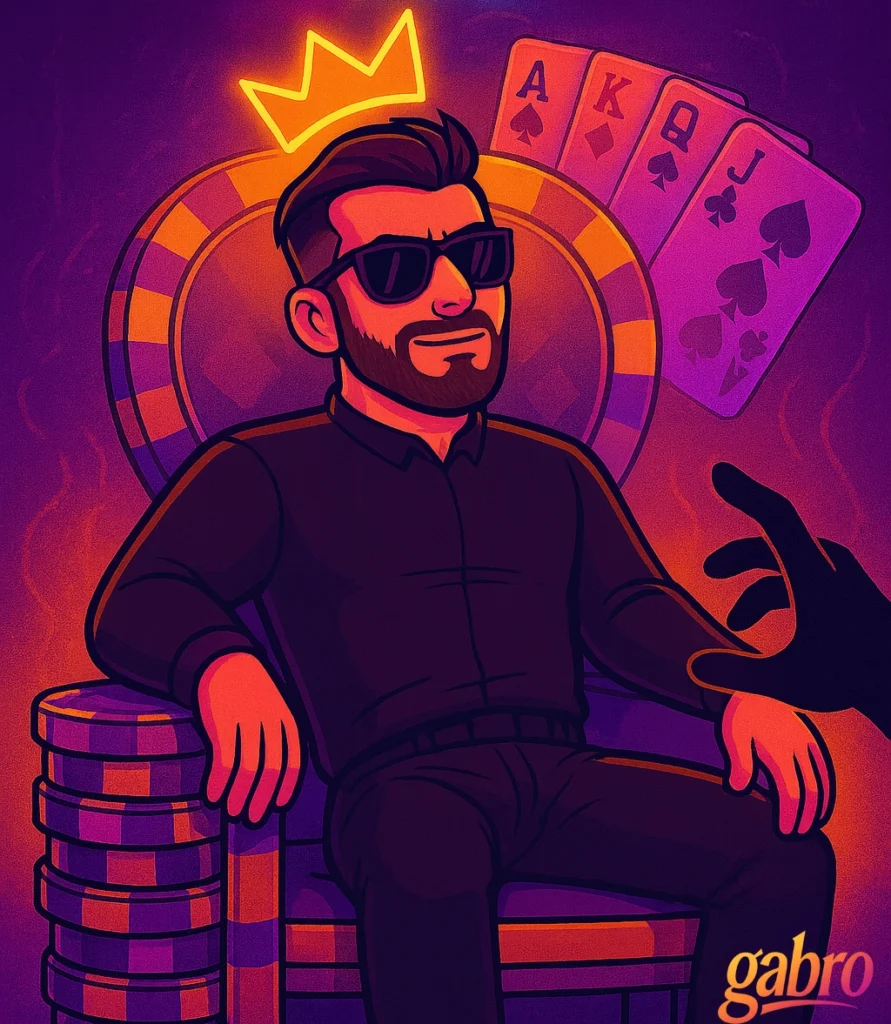 A dramatic neon cartoon illustration shows gabro sitting confidently on a throne made of stacked casino chips, with a glowing crown shape above his head. Behind him, oversized playing cards fan out in the background while a shadowy hand reaches in from the right, adding a tense, powerful mood.