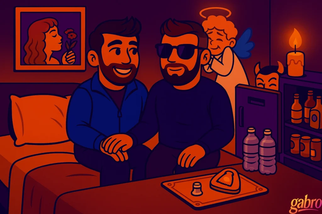 In a neon-toned hotel room, gabro and Miguel sit on the edge of a king bed facing each other with soft smiles, on the nightstand are stacked water bottles. An angel stands in the corner humming while a devil side-eyes the minibar.