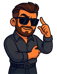 Cartoon gabro in sunglasses and a dark button-up outfit smirks while pointing to his temple with one hand and giving a thumbs-up with the other, on a transparent background.