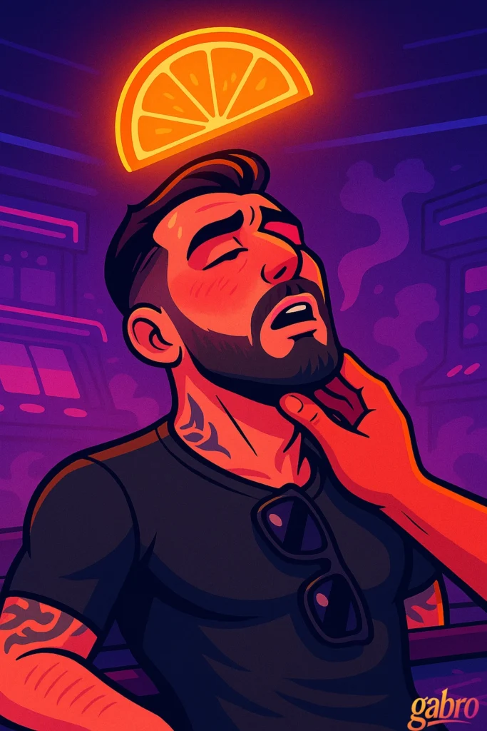 A close-up neon cartoon illustration shows gabro blushing with his eyes closed while someone’s hand touches his neck. His sunglasses hang from his shirt, a glowing orange slice sign hovers above him, and the purple casino-bar background gives the scene a dreamy, intimate feel.