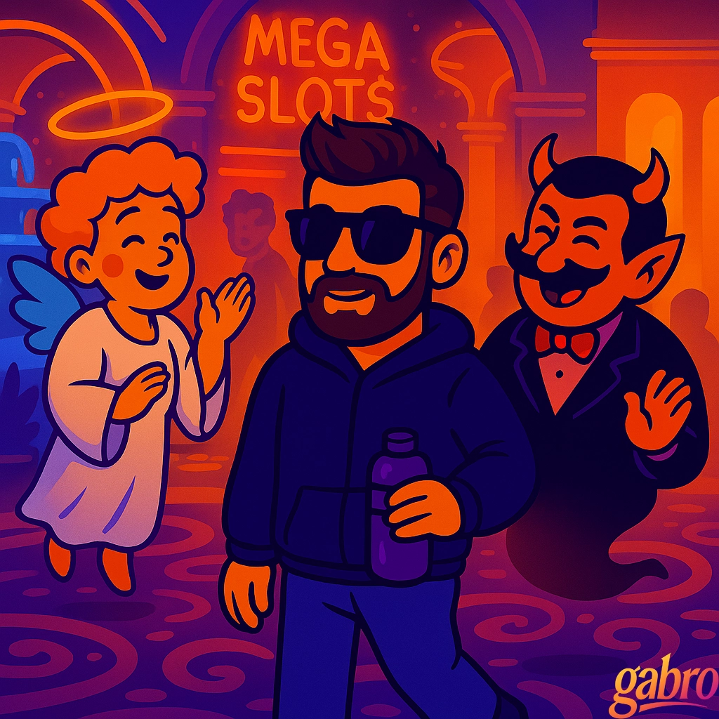 Cartoon-style digital illustration of gabro walking down the neon-lit Las Vegas Strip at 2 a.m., wearing a black hoodie, sunglasses, and holding a water bottle.
