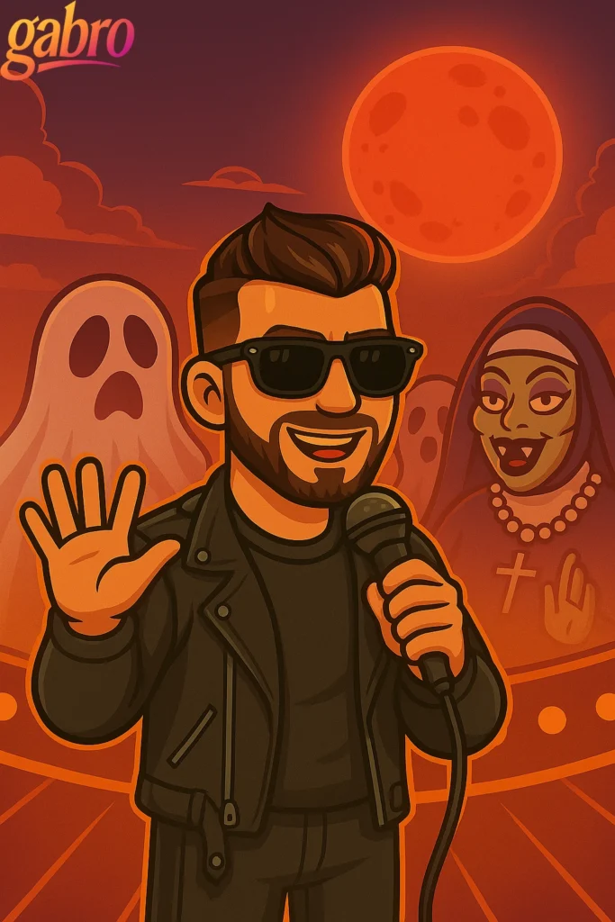 Cartoon gabro holding mic and waving goodbye while ghosts and drag nun with full moon are behind him.