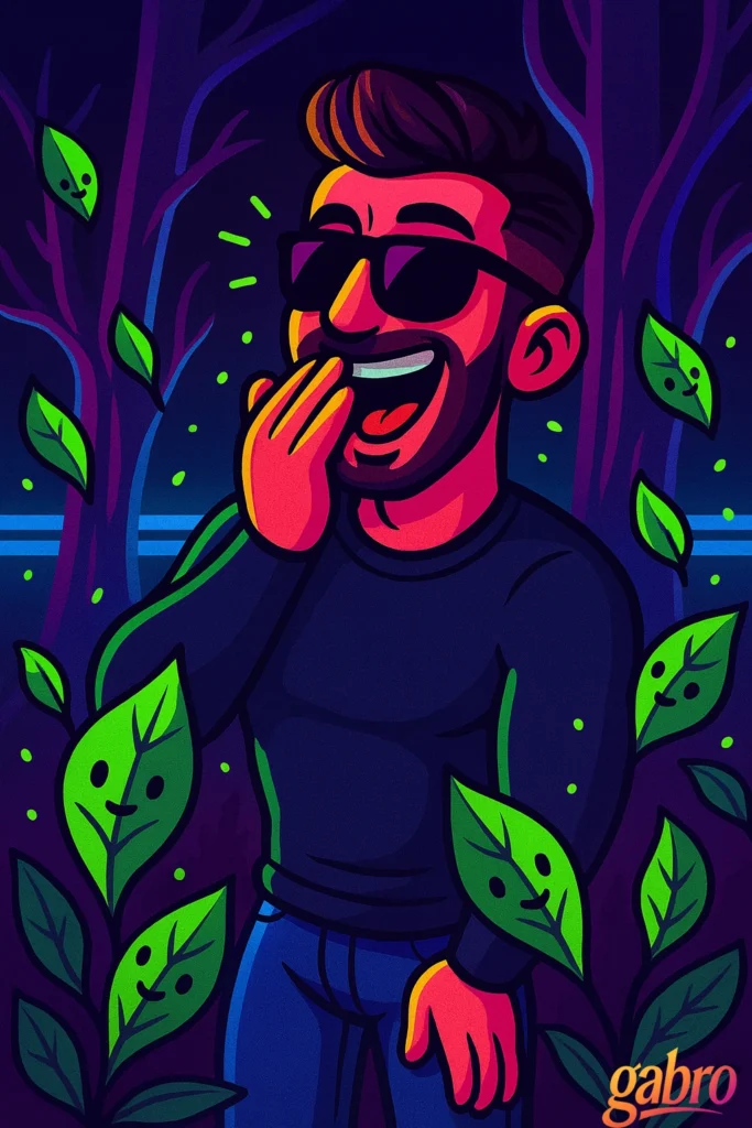 A whimsical cartoon forest scene shows gabro in sunglasses laughing with one hand near his mouth while standing among glowing green leaves that have tiny smiling faces. Dark tree trunks and a deep blue-purple nighttime background make the neon leaves stand out, with a small gabro logo in the bottom right corner.