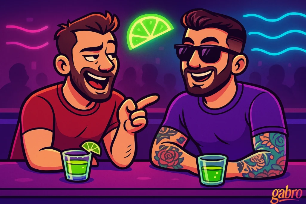 A neon cartoon bar scene shows gabro in a purple shirt and sunglasses laughing with another man in a red shirt who points at him while smiling. Two bright green drinks with lime wedges sit on the bar, and glowing neon lines and a lime-slice sign light the purple background. A small gabro logo appears in the bottom right corner.