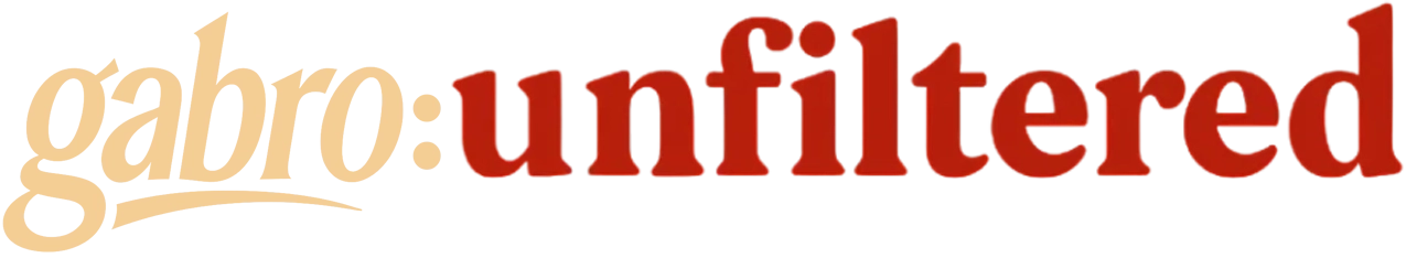 The “gabro:unfiltered” logo in a wide format, with “gabro” in soft beige script and “unfiltered” in bold red serif lettering, set against a light neutral background.