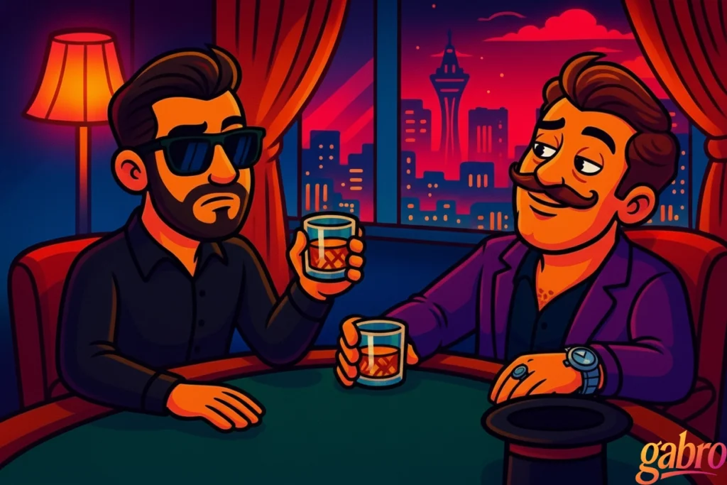 Cartoon-style casino lounge: gabro and a mustached man sit at the same green felt table, each holding a drink. The man leans back with a smug, flirtatious smile, gabro stays serious and wary, with red curtains and a neon-pink Vegas skyline through the window in the background.