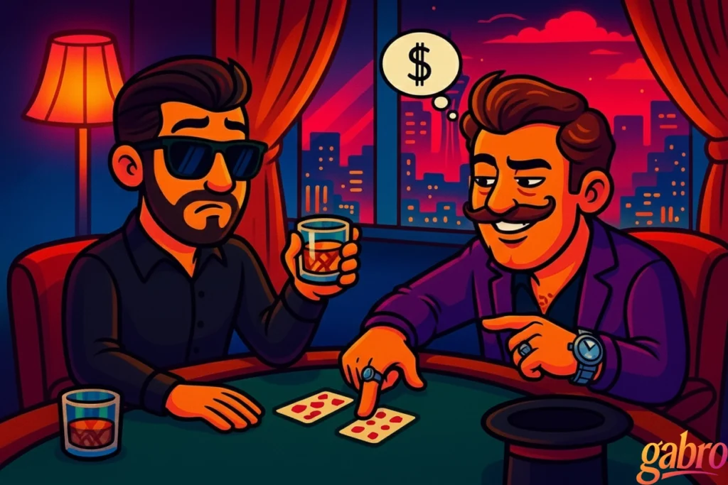 Cartoon-style lounge scene: gabro sits at a green felt table holding a whiskey glass, looking guarded, while a mustached man in a purple suit leans in and points at two baccarat cards. A thought bubble with a dollar sign floats over the man’s head, with Vegas skyline, red curtains, and a warm lamp behind them.