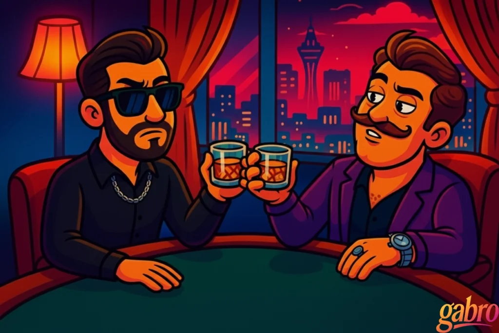 Stylized cartoon of two men toasting with short whiskey glasses at a green felt table. gabro, in sunglasses and a black shirt with a silver chain, looks serious while a mustached man in a purple suit smiles at him, with red curtains, a warm lamp, and the Las Vegas skyline glowing outside the window. ‘gabro’ logo sits in the lower right.