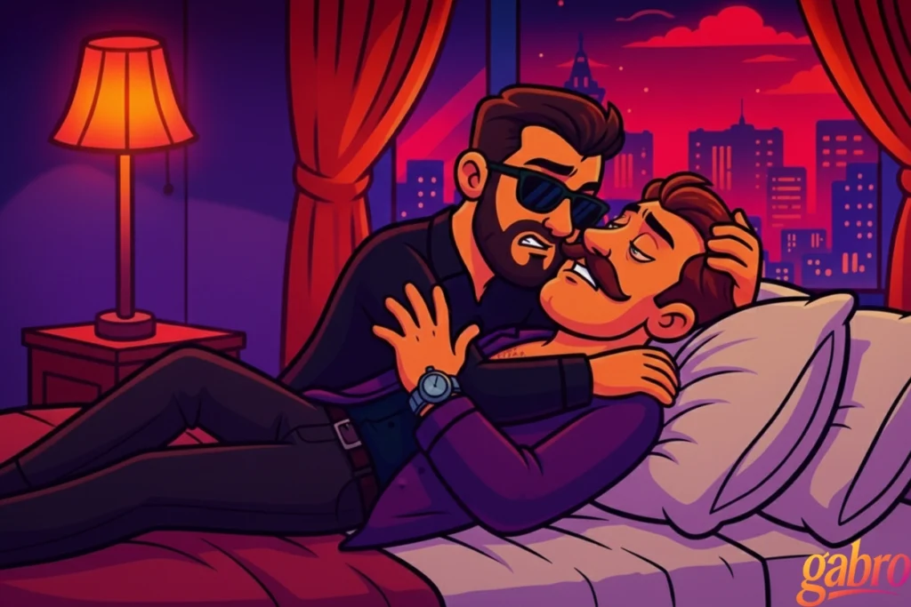 In a motel-style bedroom with a glowing lamp and red curtains framing a neon city skyline, gabro leans over a mustached man on the bed, holding him close in a tense, intimate moment; the gabro logo appears at bottom right.