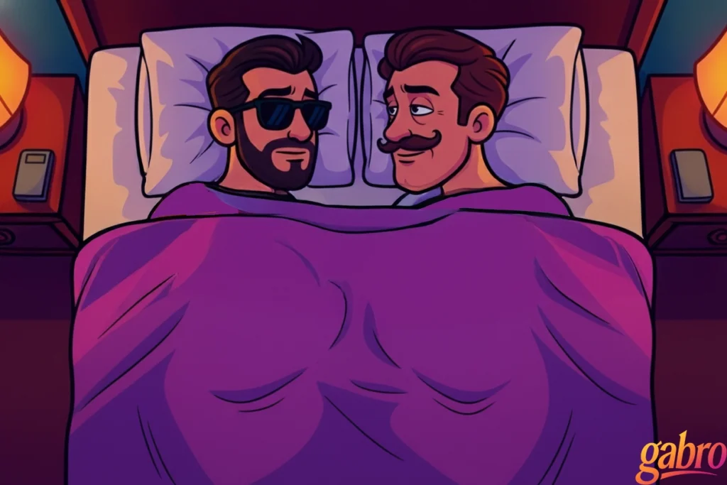 Two men lie under a purple blanket in a warmly lit bedroom, facing each other on white pillows, sharing a quiet, affectionate gaze; the gabro logo sits in the lower right.