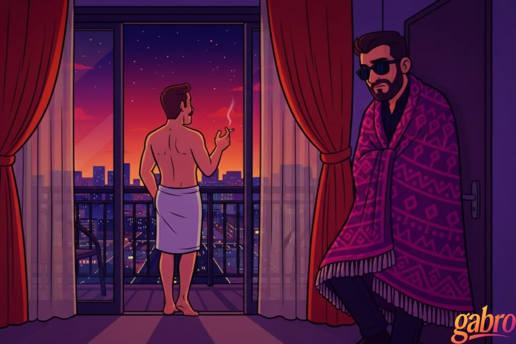 In a dim hotel room at dusk, a shirtless mustached man in a towel stands on the balcony smoking and looking over a glowing city skyline, while gabro leans in the doorway wrapped in a patterned purple blanket, watching him; red curtains frame the glass doors and the gabro logo sits at bottom right.