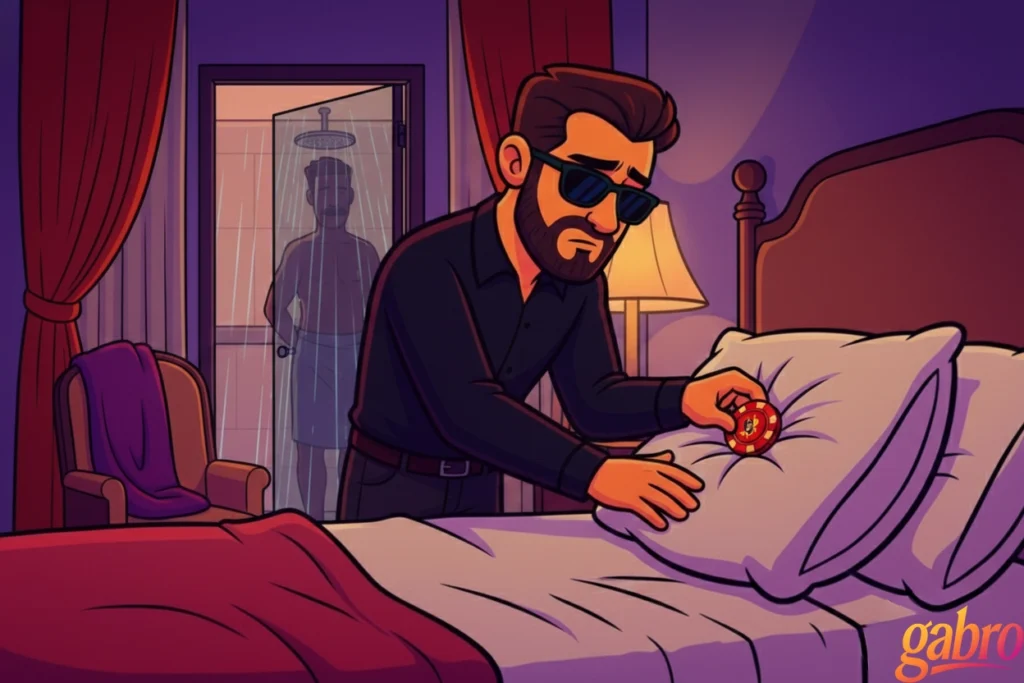 Cartoon-style hotel room scene: gabro in black shirt and sunglasses looks sad while placing a red casino chip on a bed pillow; in the open bathroom doorway behind him, a silhouetted man stands in the shower, with red curtains, armchair, and bedside lamp in warm purple lighting.