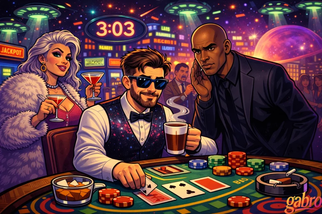 Illustrated neon casino scene at 3:03 a.m. where gabro, wearing sunglasses and a galaxy-pattern vest, sits at a blackjack table holding a coffee mug. Saint Chardonnay, a glamorous woman with silver hair and a fur coat, smiles with a cocktail nearby, while Mr. Reyes, the stern pit boss, leans in to whisper to gabro. Colorful chips, cards, and UFO-lit galaxy lights fill the background, with a gabro logo in the corner.