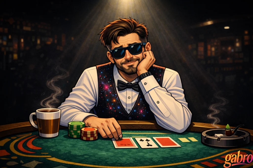 Illustrated moody casino scene of gabro sitting alone at a blackjack table under a warm spotlight, wearing sunglasses and a galaxy-pattern vest, resting his head on his hand with a faint smile. A steaming coffee mug, stacked poker chips, and face-up playing cards sit on the felt, with smoke curling from an ashtray nearby and the gabro logo in the corner.