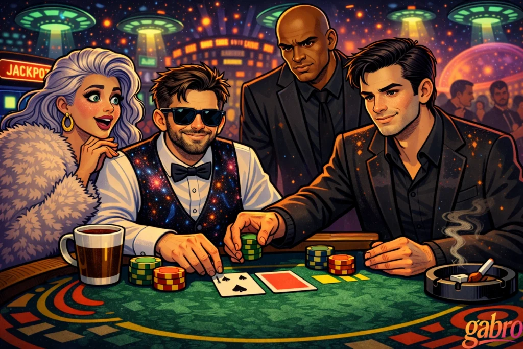 Illustrated neon sci-fi casino scene where gabro, wearing sunglasses and a galaxy-pattern vest, deals at a blackjack table while Saint Chardonnay smiles excitedly beside him and Mr. Reyes watches from behind. Across the table, The Comet calmly places green chips on the felt near face-up cards under glowing UFO lights and a cosmic city backdrop, with a gabro logo in the corner.