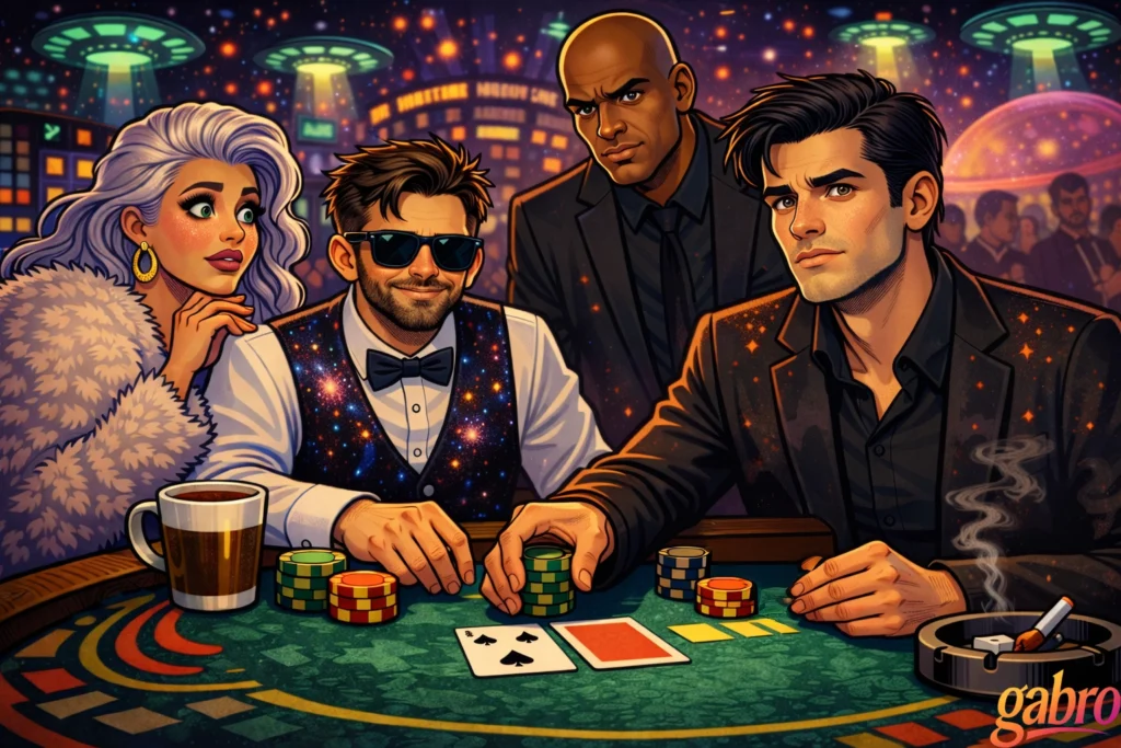 Illustrated neon sci-fi casino scene where gabro, wearing sunglasses and a galaxy-pattern vest, sits at a blackjack table with Saint Chardonnay watching anxiously beside him and Mr. Reyes standing behind with a stern expression. Across the table, The Comet looks quietly sad and distant as he rests his hand near stacked chips and face-up cards under glowing UFO lights and a cosmic city backdrop, with a gabro logo in the corner.