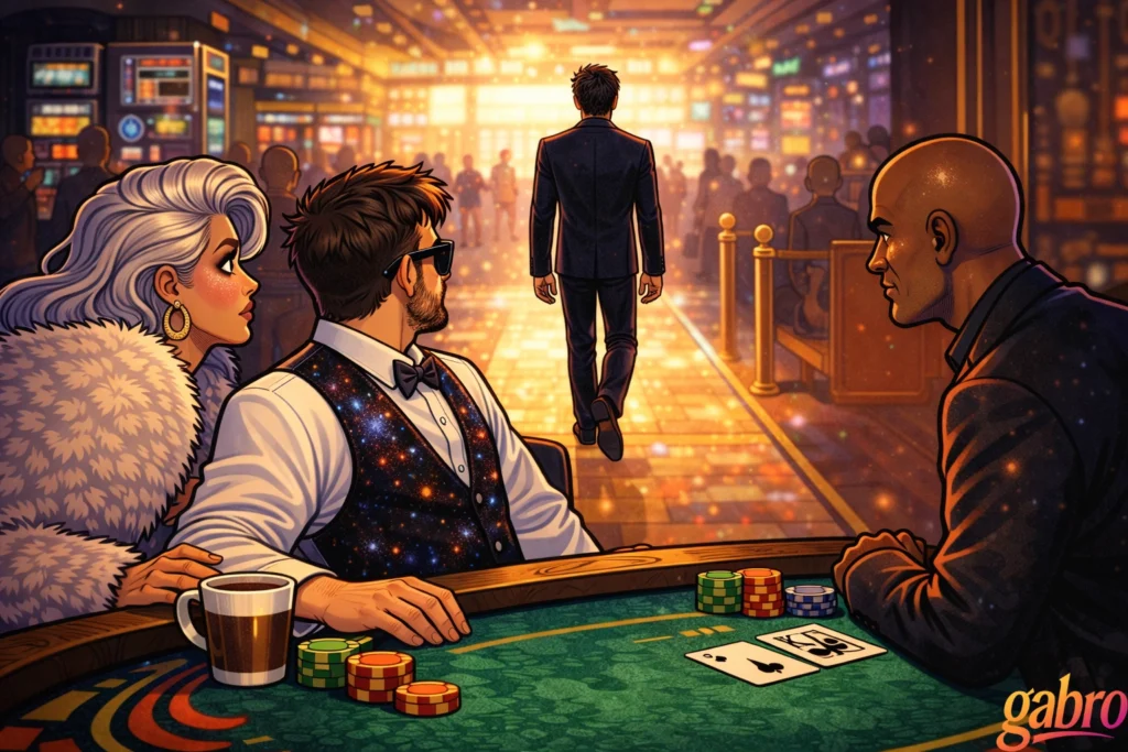 Illustrated neon casino scene where gabro, Saint Chardonnay, and Mr. Reyes sit at a blackjack table watching The Comet walk away into a glowing, crowded casino floor. gabro, wearing sunglasses and a galaxy-pattern vest, turns in his chair beside a steaming coffee mug and stacked chips, while warm golden lights fill the hallway ahead and the gabro logo appears in the corner.