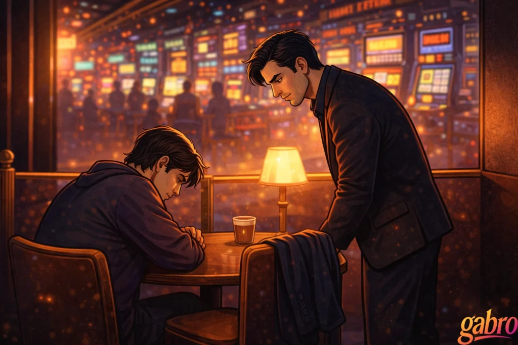 Illustrated warm, moody casino lounge scene where The Comet sits hunched over at a small table with his head down, while another dark-suited figure stands beside him leaning in with concern. A soft lamp glows between them and a coffee cup rests on the table, with blurred slot machines and golden casino lights in the background, and a gabro logo in the corner.