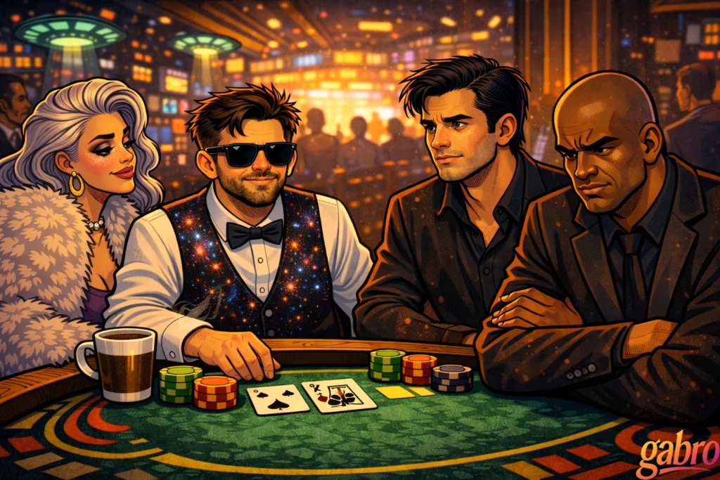 Illustrated neon casino scene where gabro, wearing sunglasses and a galaxy-pattern vest, sits at a blackjack table beside a steaming coffee mug and colorful chips. Saint Chardonnay watches with a soft smile in her fur coat, while The Comet sits across from gabro looking thoughtful and distant. Mr. Reyes, the stern pit boss, sits nearby with crossed arms as warm golden casino lights glow behind them, with a gabro logo in the corner.