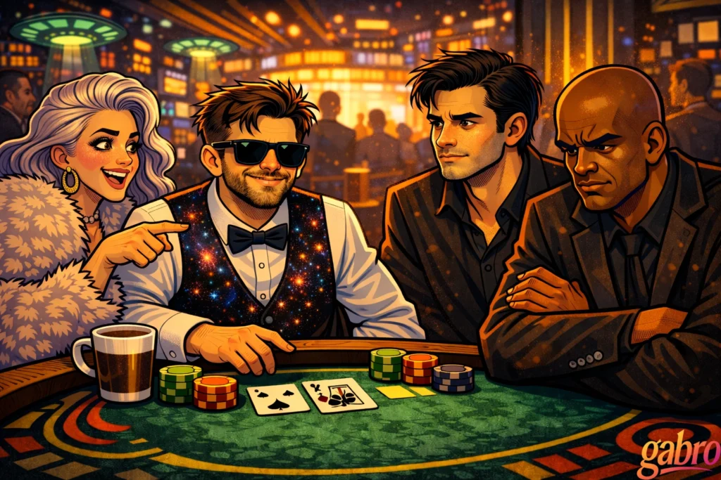 Neon-lit casino scene where gabro, in sunglasses and a galaxy-pattern vest, smiles calmly at a blackjack table with coffee and stacked chips. Saint Chardonnay leans in excitedly, pointing toward him with a playful grin. The Comet watches from across the table with a focused, guarded expression, while Mr. Reyes sits beside him with arms crossed, stern and observant. Warm golden lights and glowing UFO-like ceiling fixtures fill the background, with the gabro logo in the corner.