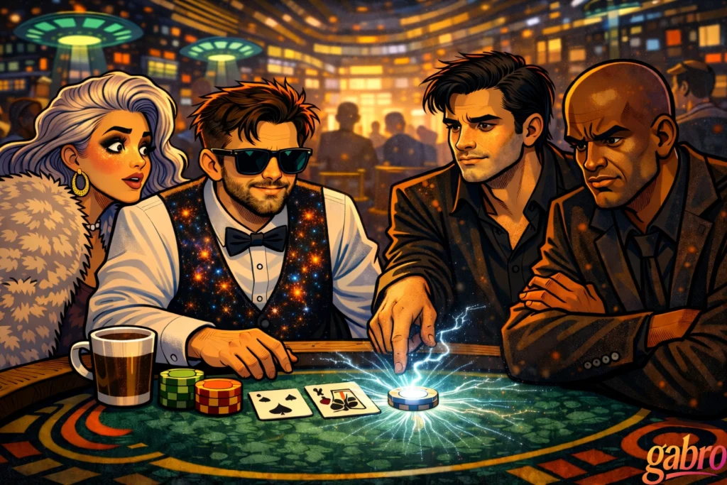 Neon casino close-up where gabro, wearing sunglasses and a galaxy-speckled vest, sits at a blackjack table beside Saint Chardonnay, who looks shocked and wide-eyed. Across from them, The Comet leans forward with intense focus, touching a glowing poker chip that crackles with electric energy. Mr. Reyes sits rigidly beside him, arms crossed and scowling, watching the strange moment unfold under UFO-like ceiling lights, with the gabro logo in the corner.