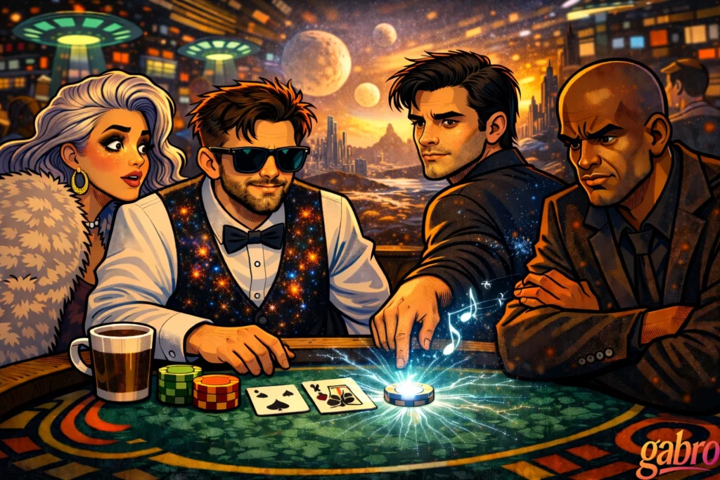 A vivid sci-fi casino scene in comic-book style. Four people sit around a blackjack table beneath glowing UFO-like lights, with a futuristic city and several moons in the background. On the left, a glamorous silver-haired woman in a fur-style coat looks surprised. At center-left, cartoon gabro appears as the dealer, wearing sunglasses, a bow tie, and a galaxy-pattern vest, calmly handling the game. Across from him, two serious-looking men watch as one reaches toward a glowing chip that crackles with energy and releases musical notes. Cards, colorful chips, and a coffee cup sit on the table, and a “gabro” logo appears in the bottom right corner.