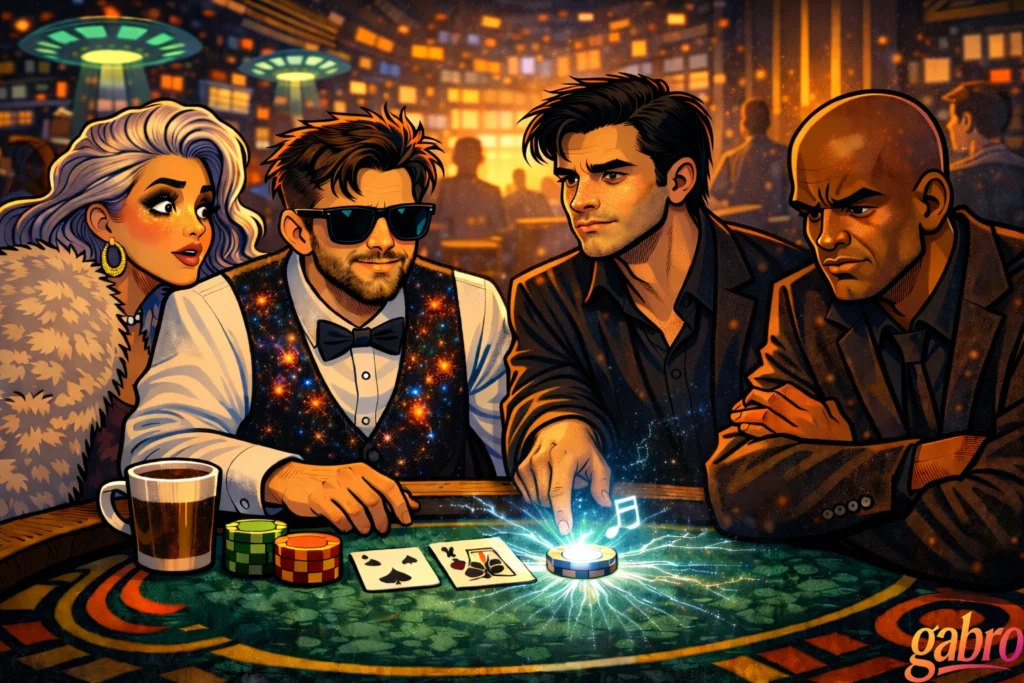 Neon-lit sci-fi casino moment where gabro sits at a blackjack table in sunglasses and a galaxy vest beside Saint Chardonnay, who looks stunned. The Comet leans in, pressing a glowing poker chip that crackles with electric light and floating music notes, while Mr. Reyes watches with a tense, disapproving stare and crossed arms. Cards and chips scatter across the felt under warm cosmic casino lights, with the gabro logo in the corner.
