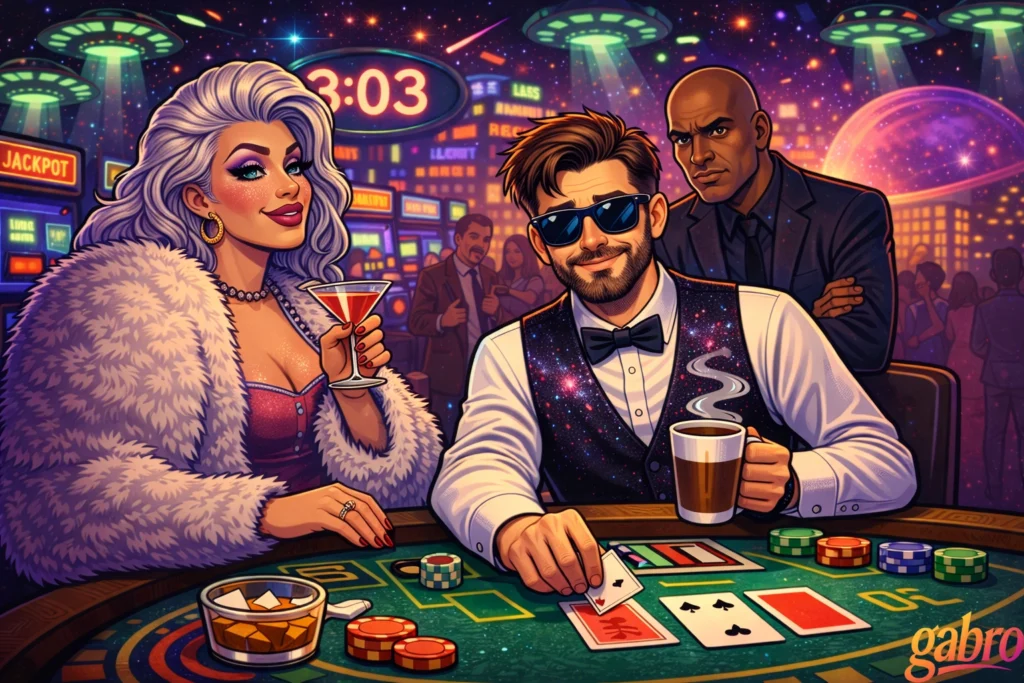 Illustrated neon casino scene at 3:03 a.m. where gabro, wearing sunglasses and a galaxy-pattern vest, sits at a blackjack table holding a coffee mug. Saint Chardonnay, a glamorous woman with silver hair and a fur coat, smiles with a cocktail nearby, while Mr. Reyes, the stern pit boss, stands behind them watching closely. Colorful chips, cards, and UFO-lit galaxy lights fill the background, with a gabro logo in the corner.