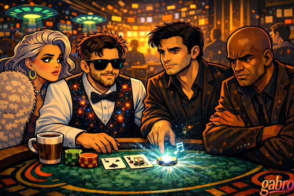 In a glowing, futuristic casino, gabro sits at a blackjack table wearing sunglasses and a star-speckled vest as Saint Chardonnay turns toward him with a worried, searching look. The Comet presses a radiant poker chip that sparks with blue electricity and floating music notes, while Mr. Reyes watches tensely with folded arms. Cards and stacked chips rest on the felt under warm golden lights, with the gabro logo in the corner.
