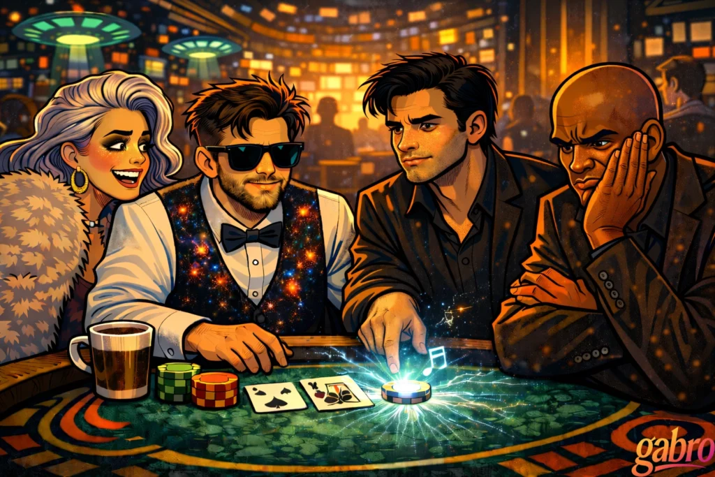 In a neon-lit futuristic casino, gabro sits at a blackjack table in sunglasses and a galaxy-pattern vest while the Comet presses a glowing poker chip that crackles with blue electricity and floating music notes. Saint Chardonnay smiles brightly beside him in a white fur coat, and Mr. Reyes squints skeptically with his cheek resting on his hand. Playing cards, stacked chips, and a steaming cup of coffee sit on the felt under warm golden lights, with the gabro logo in the corner.