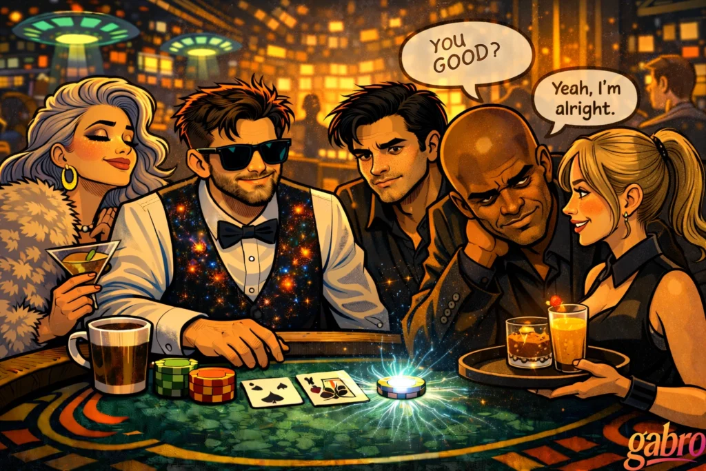 In a glowing futuristic casino, gabro sits at a blackjack table in sunglasses and a galaxy-pattern vest while a blue-lit poker chip crackles with energy and music notes. Saint Chardonnay smiles serenely with a martini, the Comet leans in close, and Mr. Reyes rests his head on his hand as a blonde server sets down drinks. Speech bubbles read, “YOU GOOD?” and “Yeah, I’m alright.” Chips, cards, coffee, and cocktails glow under warm golden lights, with the gabro logo in the corner.