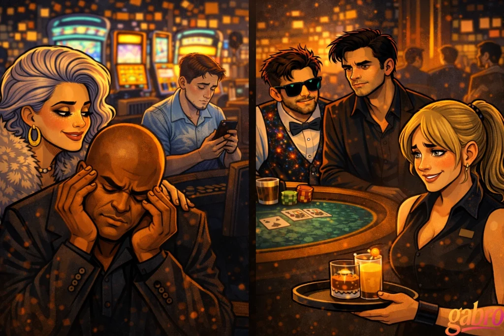 Split-panel scene in a warm, glittering casino: on the left, Saint Chardonnay smiles softly beside Mr. Reyes, who presses his hands to his temples in stressed exhaustion while slot machines glow behind them. On the right, gabro sits at the blackjack table in sunglasses and a galaxy-pattern vest as the Comet leans close, watching protectively. A blonde server approaches with a tray of cocktails, the table scattered with chips and cards, all bathed in golden late-night light with the gabro logo in the corner.
