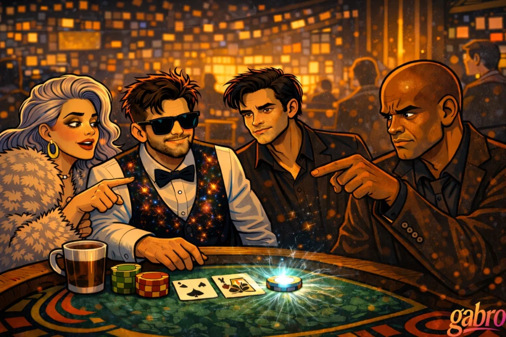 Saint Chardonnay and Mr. Reyes both point across the blackjack table toward gabro, who sits calmly in sunglasses and a galaxy-pattern vest with a faint smile. The Comet leans in close behind him, watching with quiet intensity. A single glowing chip crackles with blue energy beside scattered cards and stacks of casino chips, all set against a dreamy, golden casino background with the gabro logo in the corner.