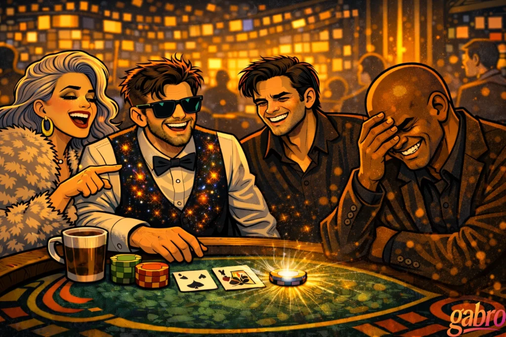 Saint Chardonnay points and laughs as gabro grins in his galaxy-pattern vest and sunglasses at the blackjack table. The Comet throws his head back laughing beside him, while Mr. Reyes covers his face in amused disbelief. A single glowing chip radiates golden light near scattered cards and stacks of casino chips, with the warm, sparkling casino backdrop and the gabro logo in the corner.
