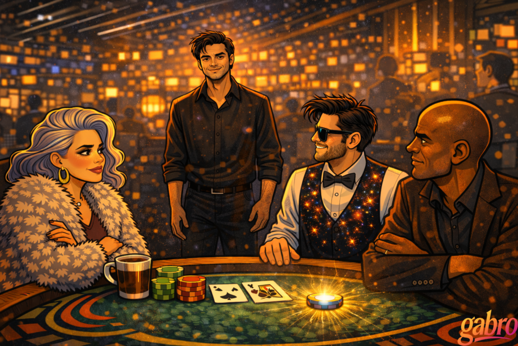 The Comet stands behind the blackjack table, smiling softly as Saint Chardonnay looks at him with folded arms. gabro, in his galaxy-pattern vest and sunglasses, turns in his chair grinning up at him, while Mr. Reyes watches calmly. A single glowing chip casts warm golden light across the felt beside scattered cards and neatly stacked chips, with the casino’s shimmering lights in the background.
