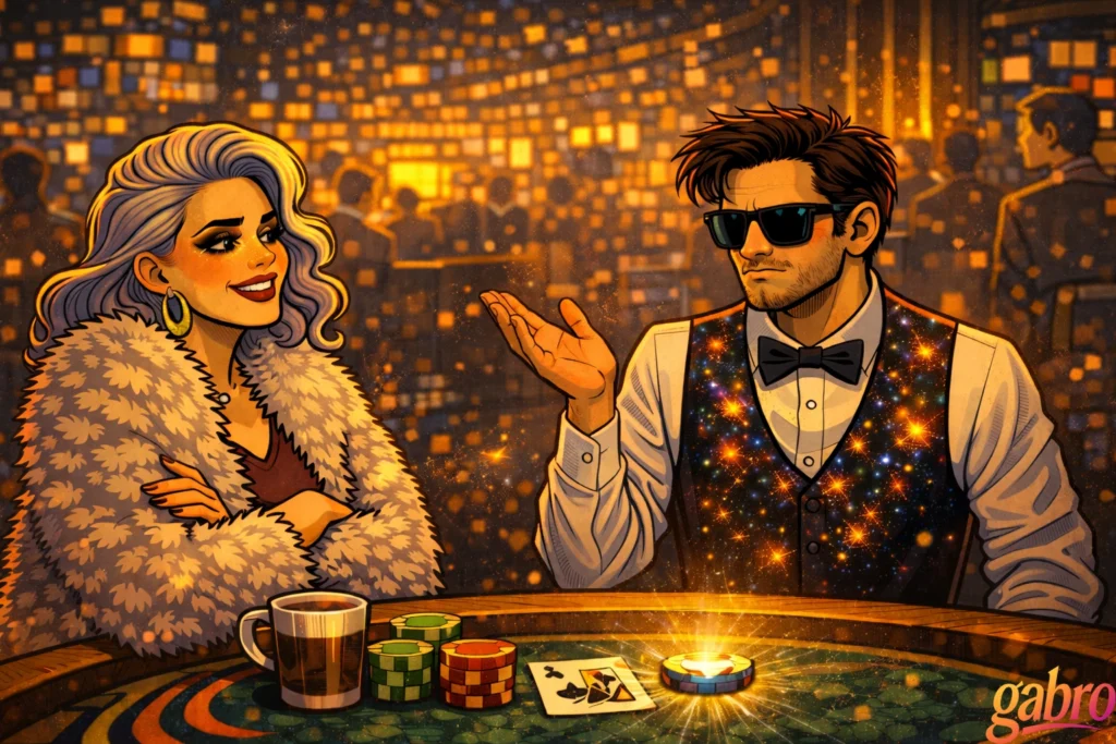 Saint Chardonnay leans in with a bright, amused smile, her white fur coat glowing under the casino’s warm lights, while gabro sits beside her in his starry vest and sunglasses, raising one hand in a half-shrug as if explaining himself. Between them, a single chip shines with golden energy on the blackjack felt, next to stacked chips, a coffee mug, and a few face-up cards, with the blurred casino crowd sparkling in the background.