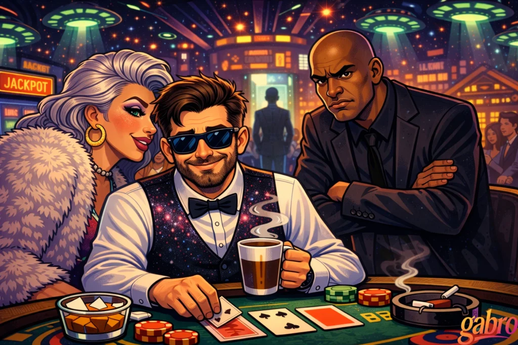 Illustrated neon casino close-up where gabro, wearing sunglasses and a galaxy-pattern vest, sits at a blackjack table holding a steaming coffee mug. Saint Chardonnay leans in beside him in a fur coat and glamorous makeup, while Mr. Reyes, the stern pit boss, stands with crossed arms watching intensely. Colorful chips, playing cards, UFO lights, and a glowing sci-fi casino backdrop surround the scene, with a gabro logo in the corner.