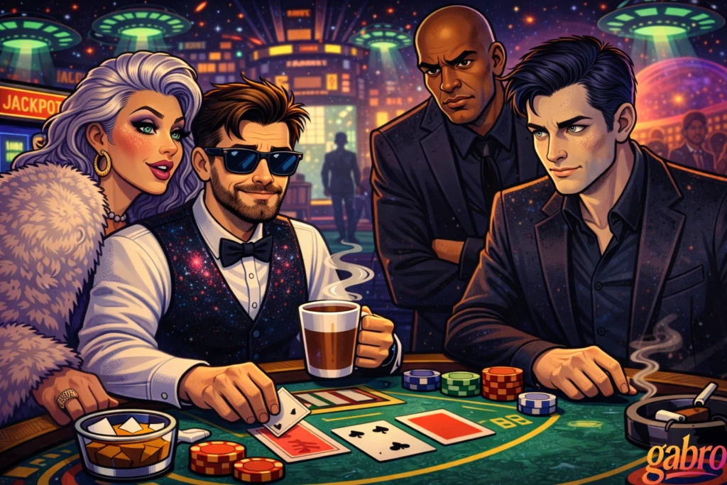 Illustrated sci-fi casino scene where gabro, wearing sunglasses and a galaxy-pattern vest, sits at a blackjack table holding a steaming coffee mug. Saint Chardonnay leans in beside him in a fur coat, while Mr. Reyes, the stern pit boss, watches from behind with crossed arms. Across the table sits The Comet, a dark human-alien figure focused on the cards and chips under glowing UFO lights and a neon cosmic casino backdrop, with a gabro logo in the corner.