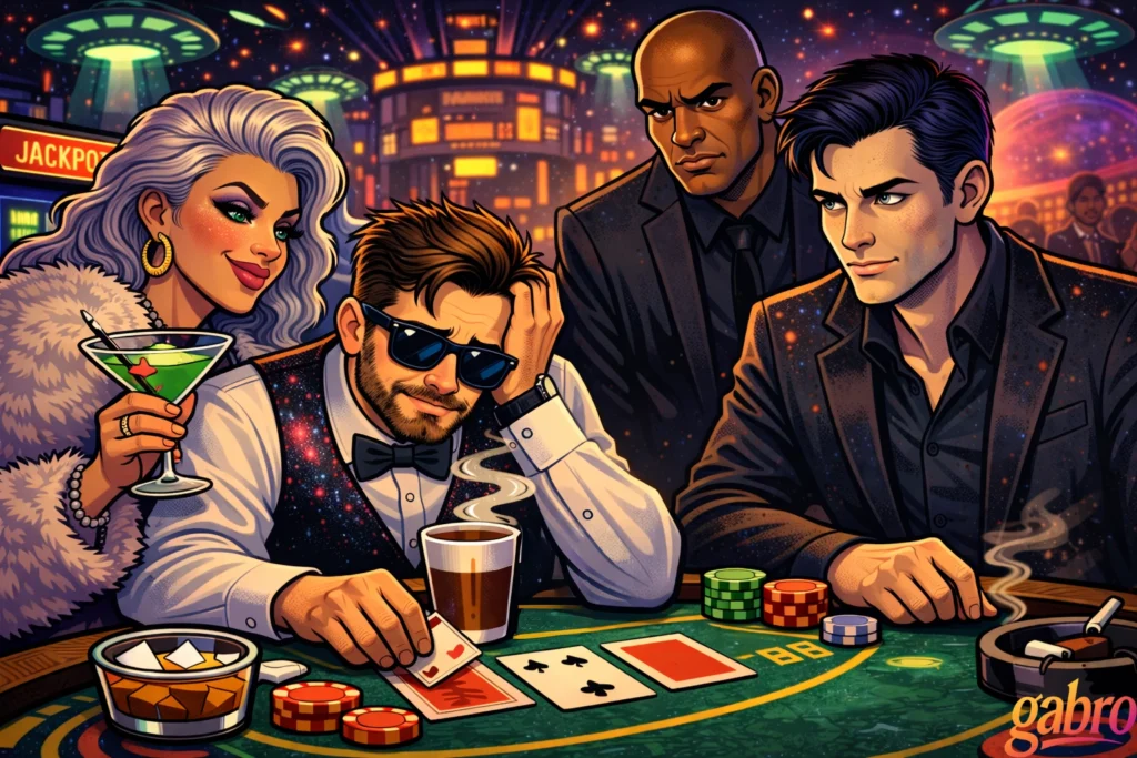 Illustrated neon sci-fi casino scene where gabro, wearing sunglasses and a galaxy-pattern vest, sits at a blackjack table looking stressed. Saint Chardonnay stands close beside him in a fur coat holding a bright green cocktail, while Mr. Reyes watches sternly from behind. Across the table, The Comet studies the cards and colorful chips under glowing UFO lights and a cosmic city backdrop, with a gabro logo in the corner.