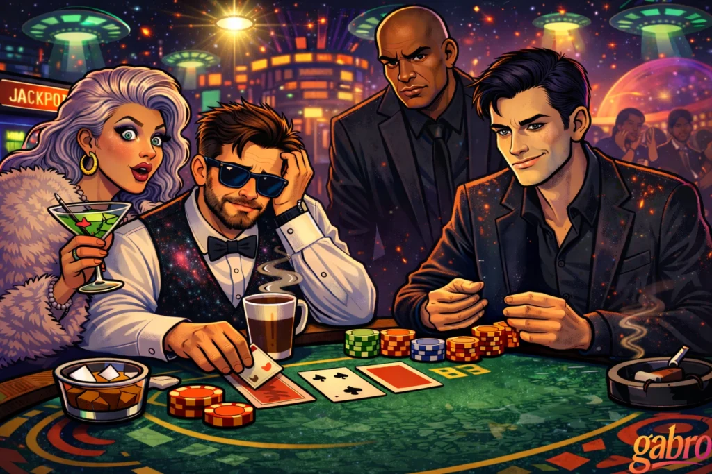 Illustrated neon sci-fi casino scene where gabro, wearing sunglasses and a galaxy-pattern vest, sits at a blackjack table looking drained, one hand in his hair beside a steaming coffee mug. Saint Chardonnay reacts wide-eyed while holding a bright green cocktail, and Mr. Reyes stands behind them watching sternly. Across the table, The Comet smirks calmly near stacks of colorful chips under glowing UFO lights and a cosmic city backdrop, with a gabro logo in the corner.