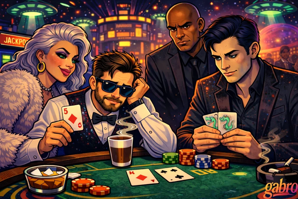 Illustrated neon sci-fi casino scene where gabro, wearing sunglasses and a galaxy-pattern vest, sits at a blackjack table looking exhausted, holding up a five of diamonds beside a steaming coffee mug. Saint Chardonnay smiles nearby in a fur coat, while Mr. Reyes watches sternly from behind. Across the table, The Comet studies the game while holding unusual alien-themed cards, surrounded by colorful chips, glowing UFO lights, and a cosmic city backdrop, with a gabro logo in the corner.