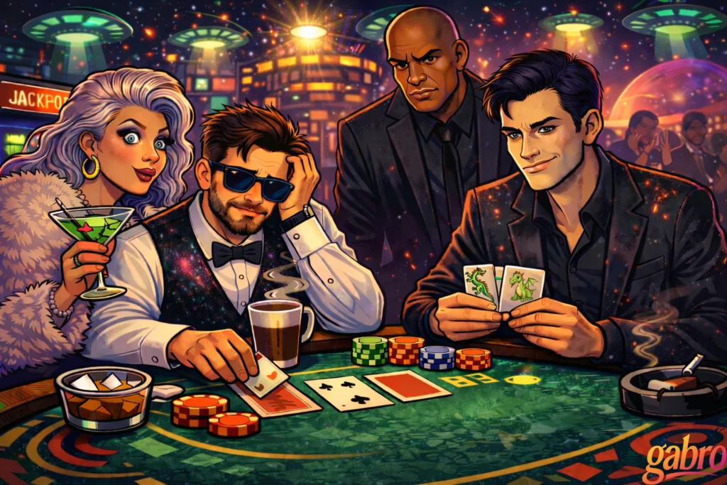 Illustrated neon sci-fi casino scene where gabro, wearing sunglasses and a galaxy-pattern vest, slumps at a blackjack table with one hand in his hair beside a steaming coffee mug and a five of hearts showing. Saint Chardonnay reacts dramatically while holding a bright green cocktail, and Mr. Reyes stands behind them watching sternly. Across the table, The Comet smirks while holding dragon-themed cards, surrounded by colorful chips under glowing UFO lights and a cosmic city backdrop, with a gabro logo in the corner.