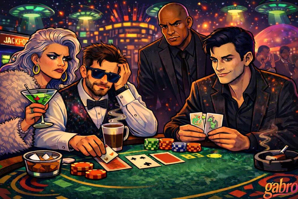 Illustrated neon sci-fi casino scene where gabro, wearing sunglasses and a galaxy-pattern vest, slumps at a blackjack table with one hand in his hair beside a steaming coffee mug and a five of hearts showing. Saint Chardonnay frowns while holding a bright green cocktail, and Mr. Reyes watches sternly from behind. Across the table, The Comet smirks while holding dragon-themed cards near stacks of colorful chips under glowing UFO lights and a cosmic city backdrop, with a gabro logo in the corner.