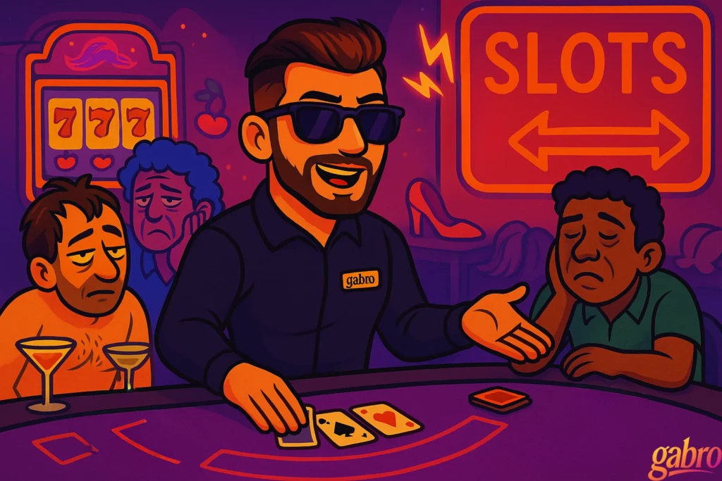 Cartoon-style illustration of gabro dealing cards at a casino table, wearing sunglasses and a black shirt with a yellow “gabro” name tag. He’s smiling and gesturing as he deals a losing blackjack hand to two exhausted, unhappy players. One shirtless with empty martini glasses, the other slouched with his head in his hand. Behind them, a bright orange “SLOTS” sign glows, red high heels sit on a shelf, and a slot machine showing triple sevens lights up the background. The scene has a purple-orange neon vibe with the gabro logo in the bottom corner.