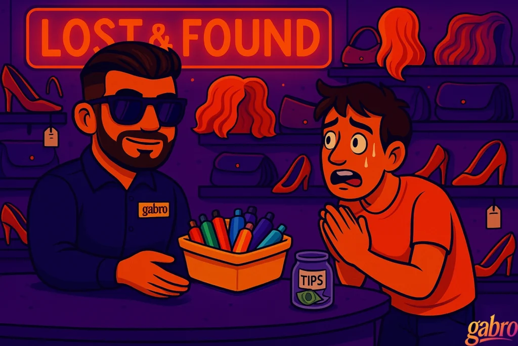 Cartoon gabro stands behind the neon-lit casino Lost & Found counter, smiling calmly in sunglasses and a dark uniform. He holds out a box overflowing with brightly colored vape pens. Across from him, a panicked young man sweats and clasps his hands together in desperation, clearly relieved his lost stash has been recovered. High heels, wigs, and purses line the purple shelves behind them, and a tip jar sits on the counter between them.