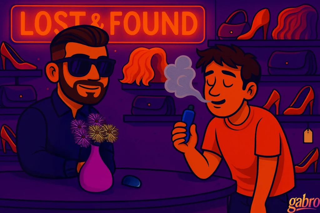 Cartoon gabro stands behind the neon-lit Lost & Found counter, next to a small purple vase of flowers. Across from him, the relieved young man from the previous scene happily vapes the pen he just recovered, eyes closed and exhaling a cloud of smoke. Behind them, shelves full of wigs, heels, and purses glow under the purple-and-orange casino lighting.