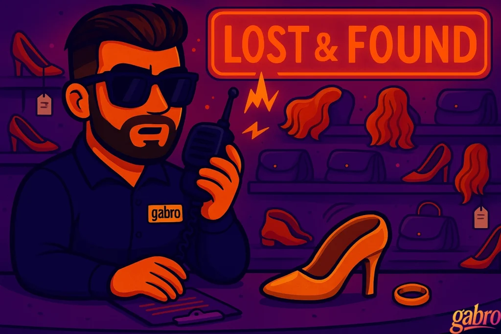 A cartoon-style illustration of gabro working the casino Lost & Found counter. He wears dark sunglasses and a navy uniform with a “gabro” name badge. gabro holds a walkie-talkie to his mouth with a serious expression as orange radio-signal symbols spark near it. Behind him are shelves full of wigs, high heels, and handbags in neon purple and orange lighting. On the counter in front of him sits a single gold high heel and a gold wedding ring. The whole scene glows with dramatic purple and red tones, matching the chaotic 3 a.m. casino energy.