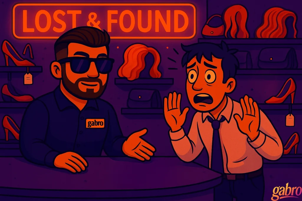 gabro sits behind the Lost & Found counter in his dark uniform and sunglasses, calmly gesturing with one hand. In front of him, a panicked man in a white shirt and loosened tie raises his hands in distress, eyes wide and sweating. The background is filled with shelves of purses, wigs, and high heels under the glowing neon “LOST & FOUND” sign, all in warm orange and deep purple lighting.