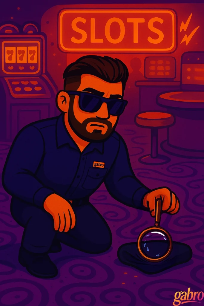 gabro kneels on the swirling purple carpet of the casino’s slot machine area, wearing his dark security uniform and sunglasses. He holds a magnifying glass over a black cloth on the floor, inspecting tiny orange crumbs like a dramatic detective. Behind him, neon signs, slot machines, and barstools glow warm orange and red in the low light.
