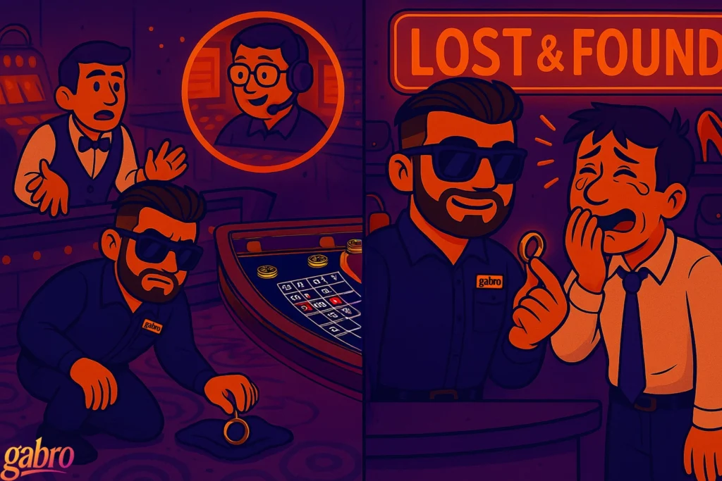 A two-panel illustration in neon casino colors.
Left panel: gabro, in his navy security uniform and sunglasses, kneels beside a roulette table and carefully lifts a gold wedding ring with a cloth. A panicked dealer gestures helplessly nearby, while a pit supervisor appears in a glowing orange radio bubble giving instructions.
Right panel: Back at the Lost & Found counter, gabro holds up the recovered wedding ring with a confident smile. The frantic husband stands beside him, overcome with relief and laughing-crying with his hands on his face. The familiar orange “LOST & FOUND” sign glows behind them.